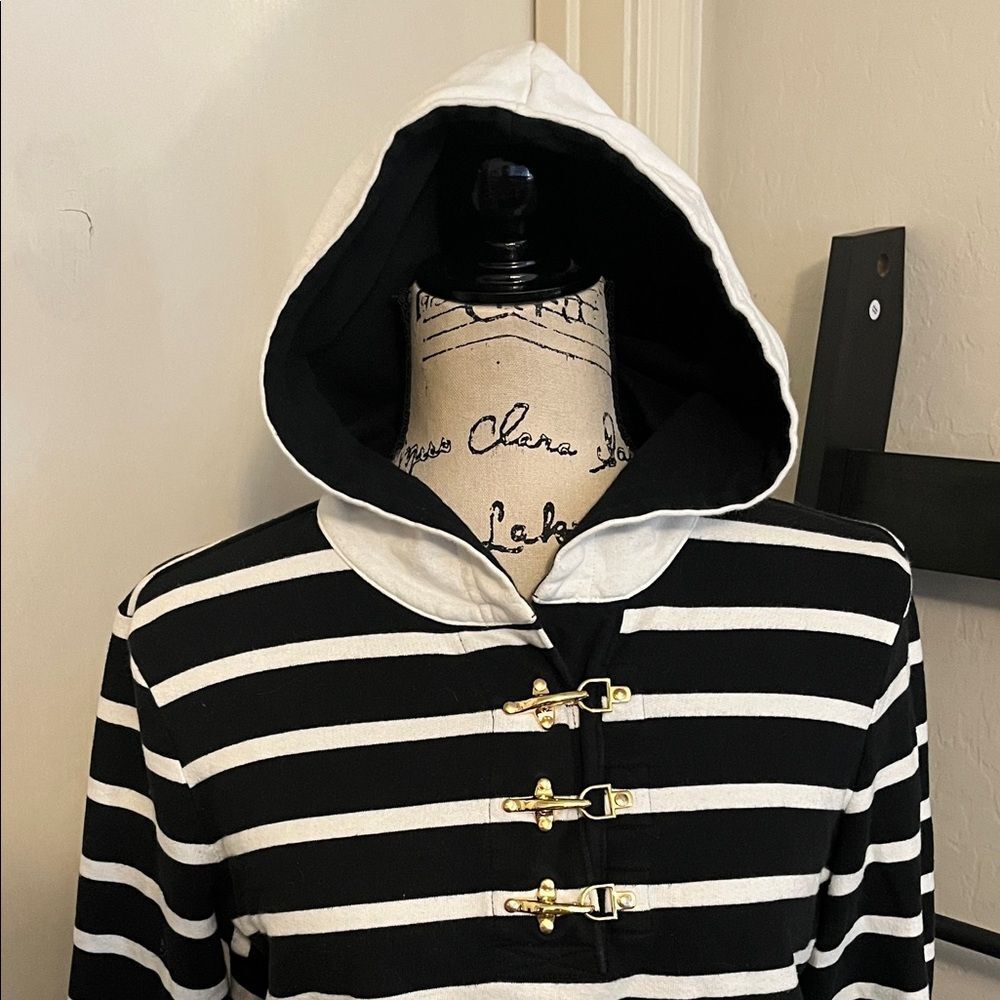 SOLD Lauren Ralph Lauren Black White Striped Hooded Top Nautical Coastal Preppy - Picture 2 of 8